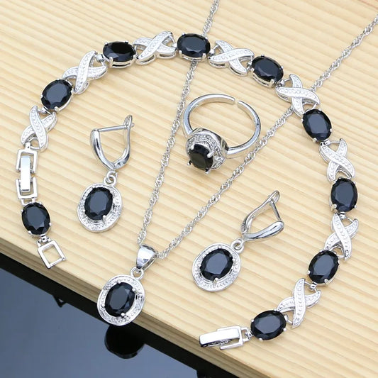 Gemstone Silver 925 Jewelry Sets  Black Obsidian Birthstone Earrings Bracelet Resizable Ring Necklace